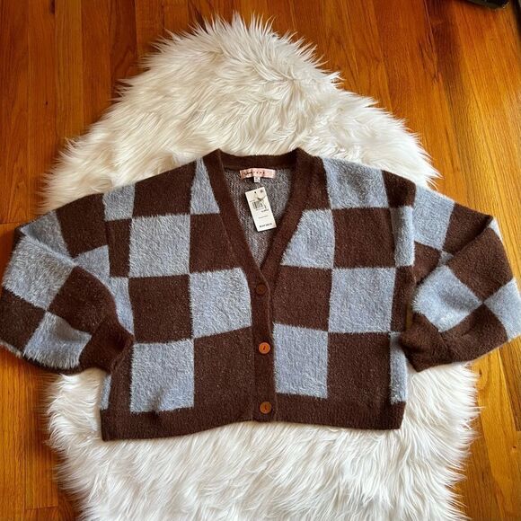 Crave Fame Fuzzy Brown and Blue Sweater Size XL - Picture 1 of 3